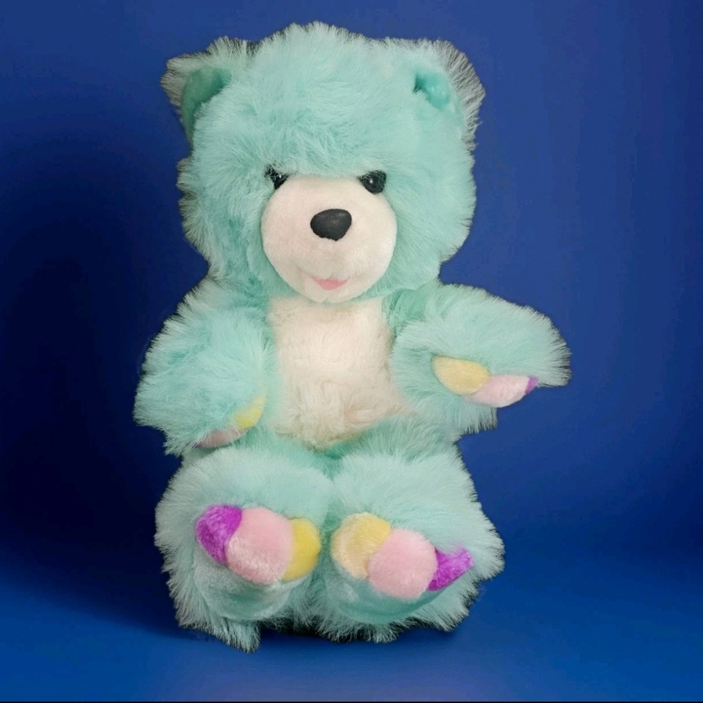 Vintage Aqua Blue Bear Plush Multicolored Paws Shaggy 17" Classic Toy Company